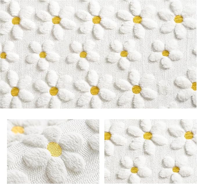 Artoid Mode White Soft Plush Faux Fur Jacquard Embroidery Daisy Spring Table Runner, Kitchen Dining Table Decoration for Home Party Decor 13x48 Inch
