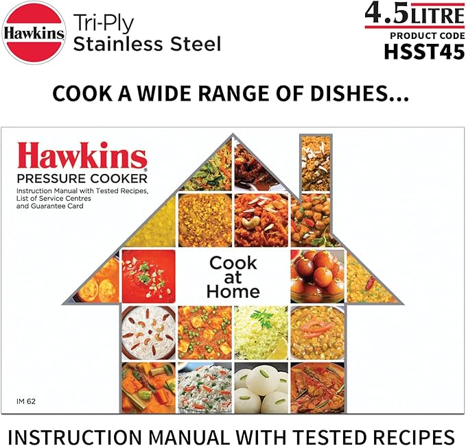 HAWKINS Triply Stainless Steel Pressure Cooker, Inner Lid Cooker, (HSST45) 4.5 litres Silver
