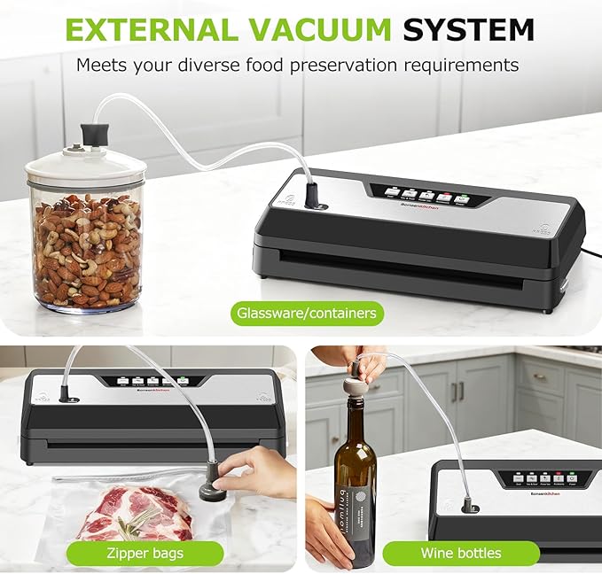 Bonsenkitchen Vacuum Sealer, Multi-Functional Food Sealer with 1 Roll Bag+ 5 Bags, Fast-Compact Design | Bag Storage | Built-in Cutter, External Vacuum System & Accessory Tube, Silver