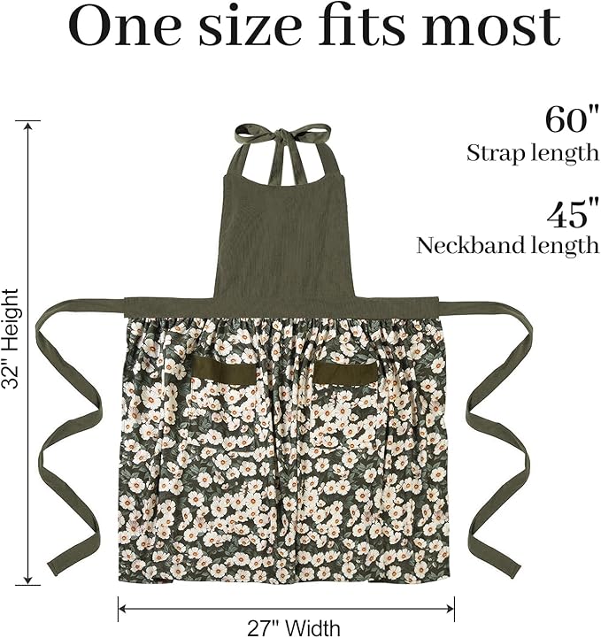 Cute Floral Aprons for Women with Pockets,Cotton Adjustable Neck Strap Apron for Kitchen Cooking Baking Gardening