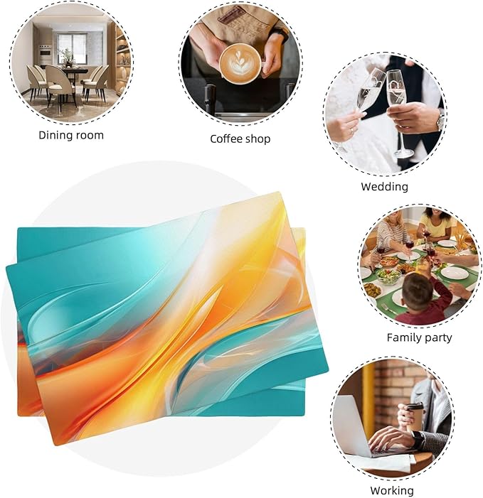 Teal and Orange Abstract Wave Linen Placemats Set of 4, 12 x 18 Inch Washable Non-Slip Heat-Resistant Kitchen Table Mats for Dining Table Outdoor Holiday Wedding Party Farmhouse, Kitchen Home Decor