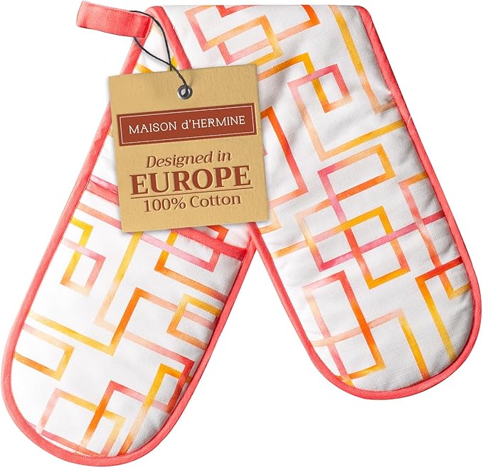 Maison d' Hermine Double Oven Mitts 100% Cotton 7"x35" Double Oven Mitt Heat Resistant BBQ Cooking Gloves with Loop Baking Grilling Gifts for Mothers Day Spring Summer (Summer Maze)