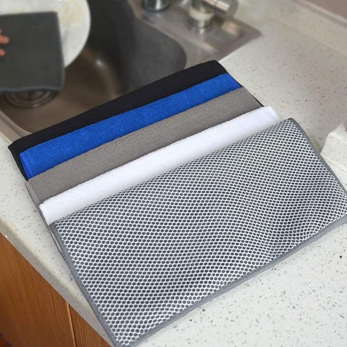SINLAND Microfiber Dish Cloth for Washing Dishes Best Kitchen Washcloth Dish Rags Cleaning Cloths Poly Scour Side Color Assorted 12inchx12inch (Bluex4+whitex4+greyx4+brownx4+blackx4)