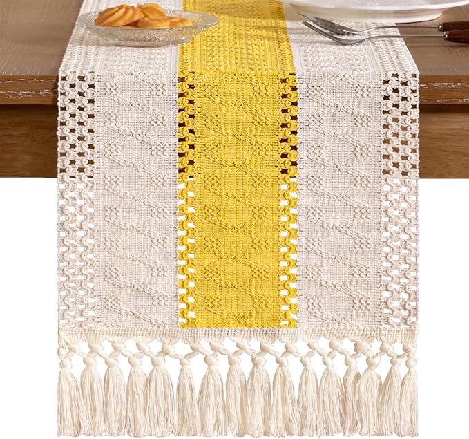 Socomi Boho Table Runner Macrame Long Easter Spring Farmhouse Woven Cotton Linen Rustic Coffee Table Runner with Tassels for Dresser Scarf Home Decor Dining Room 12x108 in Yellow Gold Ivory