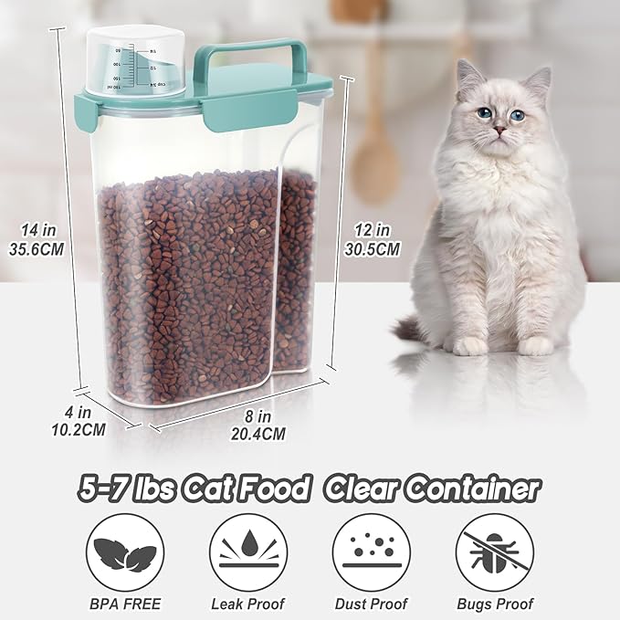 LEAWALK 5-7Lbs Dog Cat Food Storage Container with Upgraded Large Nozzle BPA-free, 4 Snap Seals Plastic Pet Food Storage Containers with Handles (Elegant Blue, 5L-2pack)