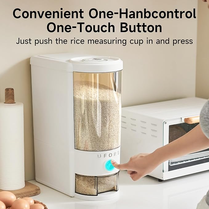 Rice Dispenser 20 lbs | Large Rice Storage Container for Kitchen&Pantry - Space-saving, Moisture & Pest-proof, BPA-Free - Dry Food Dispenser with One-Touch Dispenser & Measuring Cup for Families