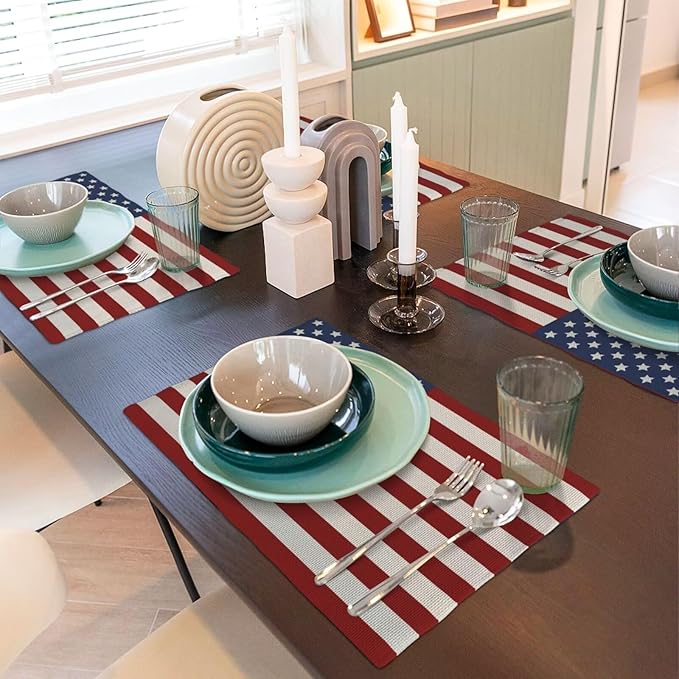 4th of July Patriotic Placemats 12x18 Inch Set of 4, American Flag Table Place Mat Independence Day Stars and Stripes Washable Table Mats Decorative Linen Fabric Table Mat for Dining Table