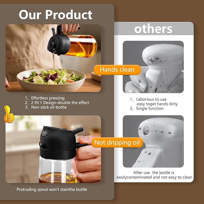 SWEET VIEW 2PCS Oil Sprayer for Cooking, 16oz/470ml Glass Oil Dispenser/Pour Bottle, Kitchen Accessories, Kitchen Gadgets for Air Fryer, Salad, BBQ, with Stickers (Black,White)