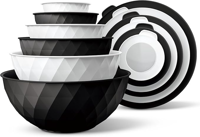 COOK WITH COLOR Mixing Bowls with Lids - 12 Piece Plastic Nesting Bowls Set includes 6 Prep Bowls and 6 Lids, Microwave Safe Mixing Bowl Set, Black and White Diamond