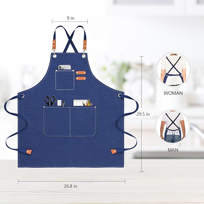 OUNLEN Chef Apron for Men Women Canvas Aprons with 3 Pockets Cross Back Resistant Work Apron for Cooking