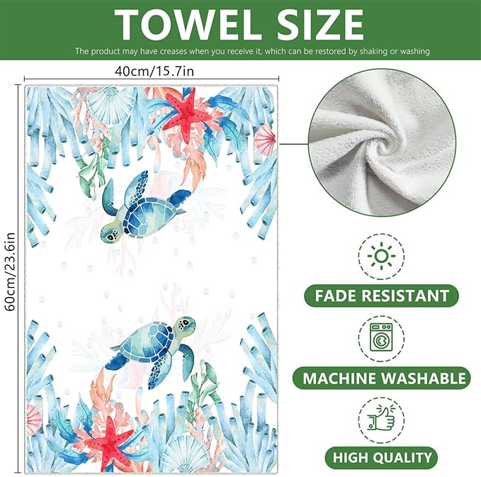 Sea Turtle Ocean Kitchen Towels 2 Pcs Decorative Hand Towel Absorbent with Hanging Loop 16”X 24”