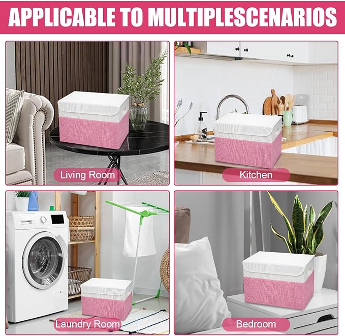 Bagnizer Large 22 Quart Linen Fabric Foldable Storage Bin Cube Organizer Basket with Flip-Top Lid & Handles, Clothes Blanket Box for Home, Office, Closet, Pink & White, 4 Pack 14.6 x 9.5 x 9.5