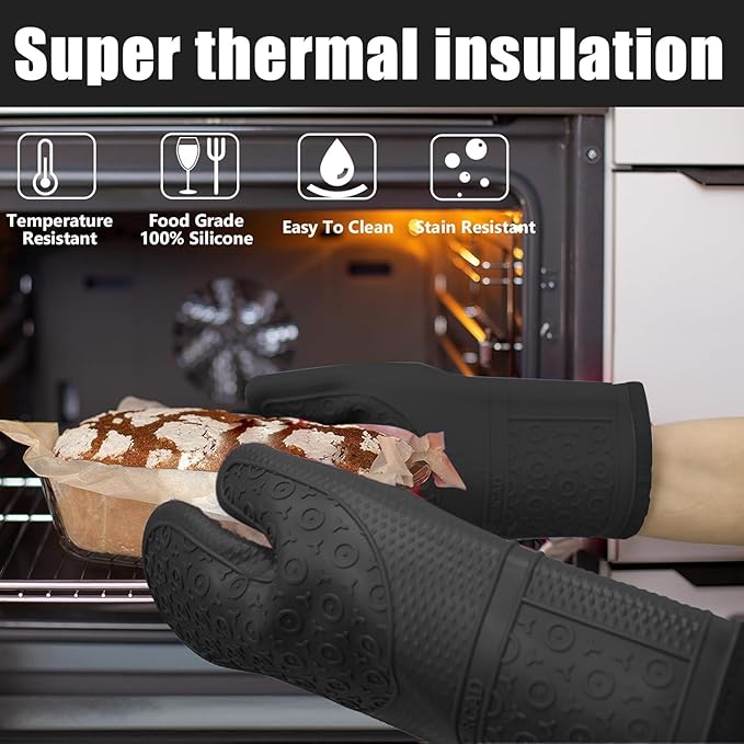 Oven Mitts with Heat-Resistant Hot Pads and Five Silicone Spatulas Designed for Kitchen Baking Cooking, Oven Glove Soft Cotton Lining, Waterproof, BPA-Free (Black)