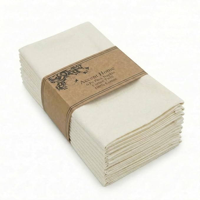 Accent Home 100% Cotton Napkins, Delicate Cloth Napkins for Dinners, Parties and Weddings，18 x 18 Inch Set of 6 - Ivory
