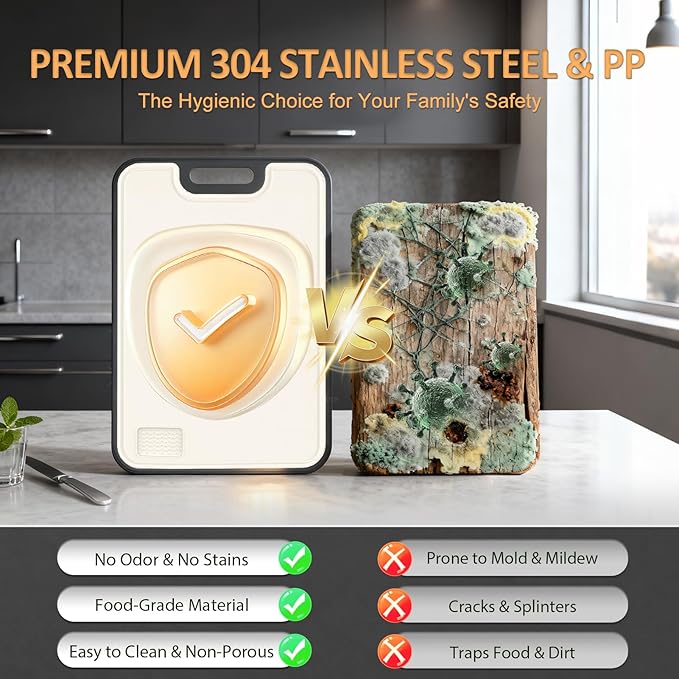 18/8 Stainless Steel Cutting Board, Large Double Sided Chopping Board for Kitchen (17x12"), Food-Grade 304 & Wheat Straw PP, Deep Juice Grooves, Non-Slip & Dishwasher Safe