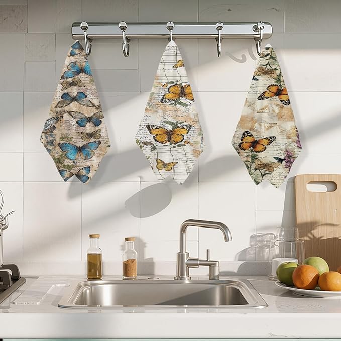 3 Pcs Vintage Butterfly Kitchen Towels, Botanical Decorative Absorbent Microfiber Dish Cloth Tea Towel, Watercolor Waffle Soft Hand Towels for Farmhouse Home Bathroom, Butterfly Gifts