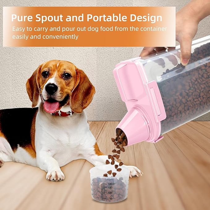 LEAWALK 3-5Lbs Airtight Small Cat Dog Pet Food Storage Containers BPA Free, with Large Pour Spout/1 Measuring Cup/ 4 Safety Locks and Double-layer Silicone Strip (Pink 2Pack)