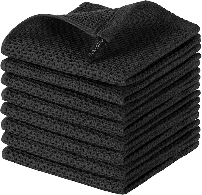 joybest Cotton Kitchen Dish Cloths, 8 Pack Waffle Weave Black Washcloths Ultra Soft Absorbent Dish Towels Quick Drying Dish Rags, 12x12 Inches