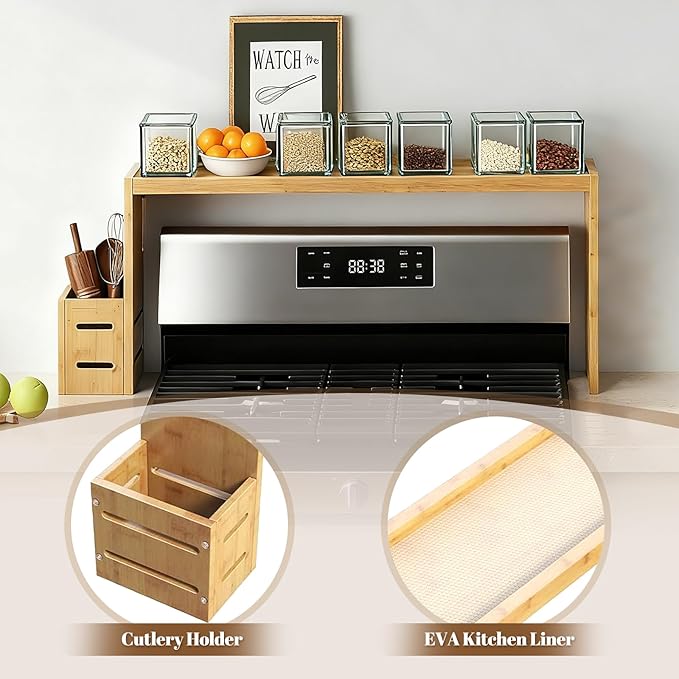 31-inch bamboo stove rack for above the hob, kitchen bamboo spice rack, supports up to 50 pounds. Bamboo stove rack for storing spices and kitchen utensils. (Wood colour)