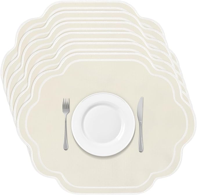 Breling 6 Pcs Wedding Placemats Scalloped Embroidered Cotton Linen Placemats 17" x 13" Double Layered Machine Washable Table Place Mat for Party Table Decor (Creamy Ivory)