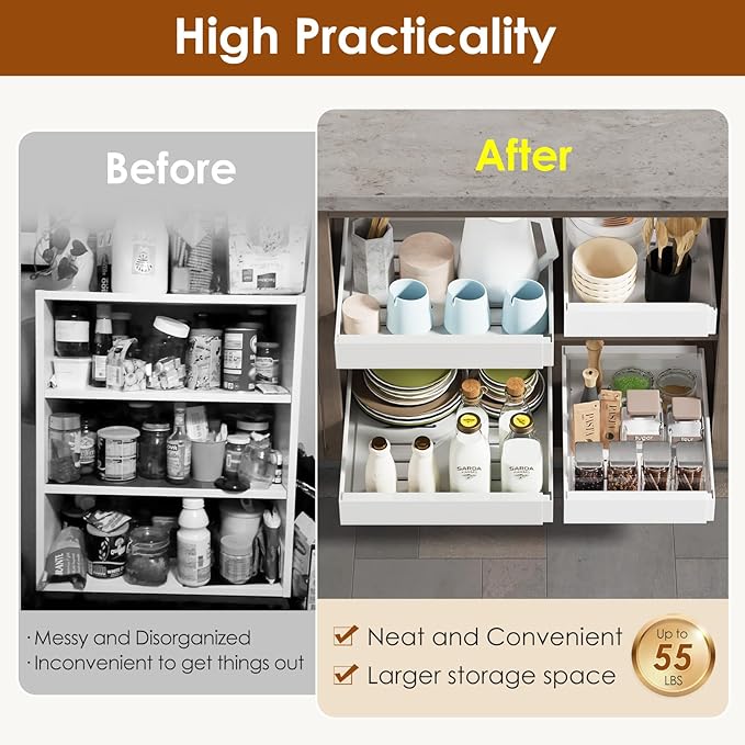 1 Pack Expandable Pull Out Cabinet Organizer 16.5" Deep, Adjustable Width 12.6"-20.5", No Drill Adhesive with Triple Track Rails, Heavy Duty Slide Out Drawers for Kitchen,Pantry,Cabinets,White