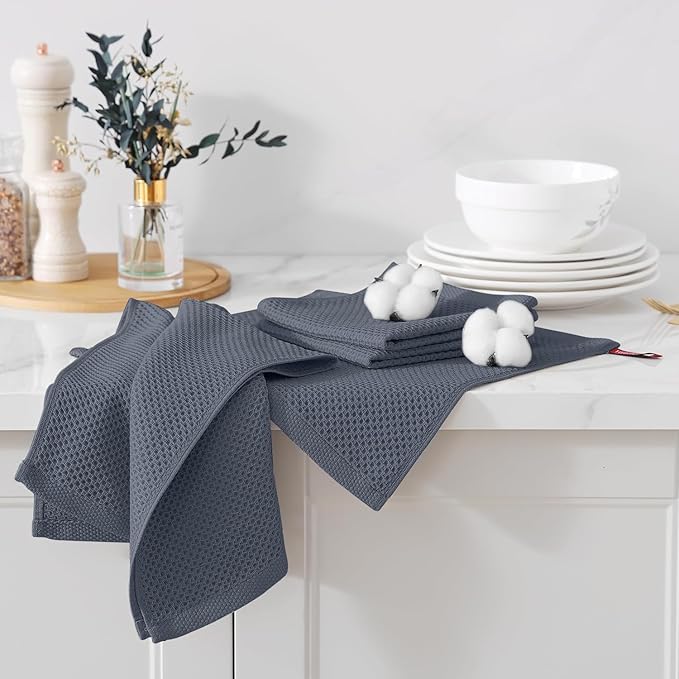 Kitinjoy 100% Cotton Kitchen Towels and Dishcloths Set, 12 Pack-13" x 28" and 12" x 12" Waffle Weave Dish Towels, Ultra Soft Absorbent Quick Drying Dish Rags, Dark Grey