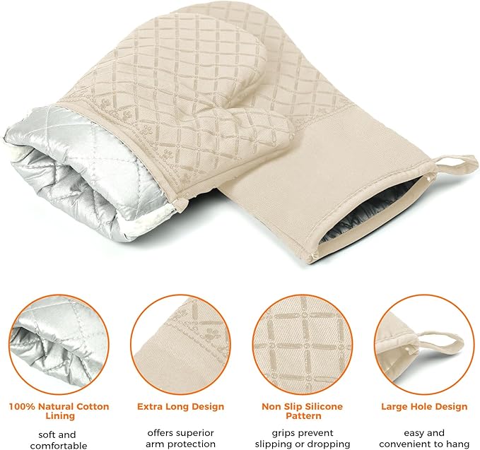 4PCS Oven Mitts and Pot Holders Sets 500°F Pot Holders for Kitchen Heat Resistant Oven Gloves Anti-Slip Silicone Stripe Oven Mitts Heat Resistant Hot Pads Oven Mits Potholders for Kitchens Khaki