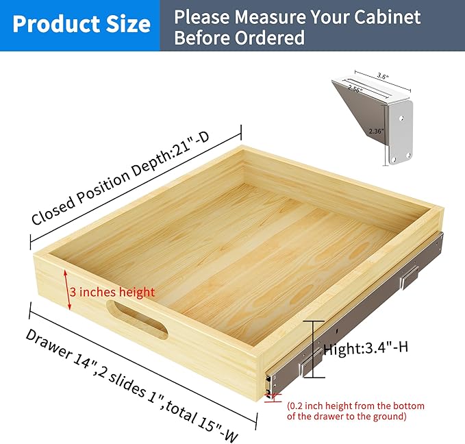 Pull Out Cabinet Organizer Upgrade, 15” W x 21” D Soft Close Slide Out Wood Drawer Storage Shelves for Kitchen, Base Cabinet Organization for Pantry, Finished, Heavy-Duty, Bottom & Side Assembly
