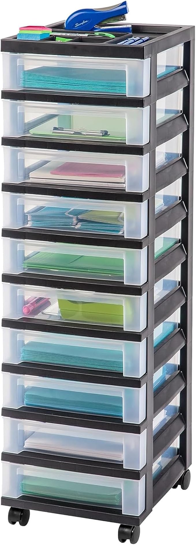 IRIS USA 2 Pack 10-Drawer Plastic Storage Rolling Organizer Cart with Caster Wheels for Laundry Room, Bathroom, or Closet Dresser Storage, Black/Clear