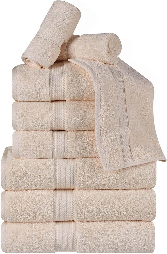 Superior Egyptian Cotton Pile 9 Piece Towel Set, Includes 3 Bath, 3 Hand, 3 Face Towels/Washcloths, Ultra Soft Luxury Towels, Thick Plush Essentials, Guest Bath, Spa, Hotel Bathroom, Cream