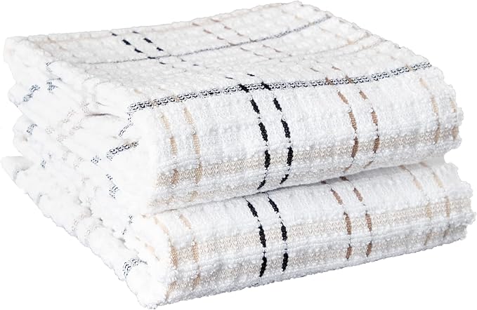 Ritz Royale Collection 100% Combed Terry Cotton, Highly Absorbent, Kitchen Towel Set, 13-3/4" x 12", 4-Pack, Solid & Checked, Latte