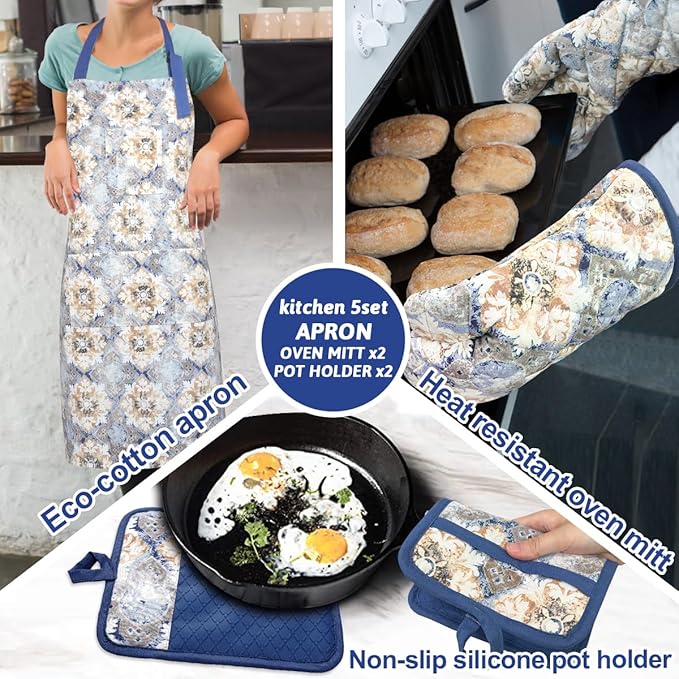 Oven Mitts and Pot Holders with Cooking Apron Set of 5, Heat Resistant Kitchen Gloves and Silicone Non-Slip Potholders, Adjustable Neck Buckle Chef Apron, Cotton Nice Design for Cooking (Blue Retro)