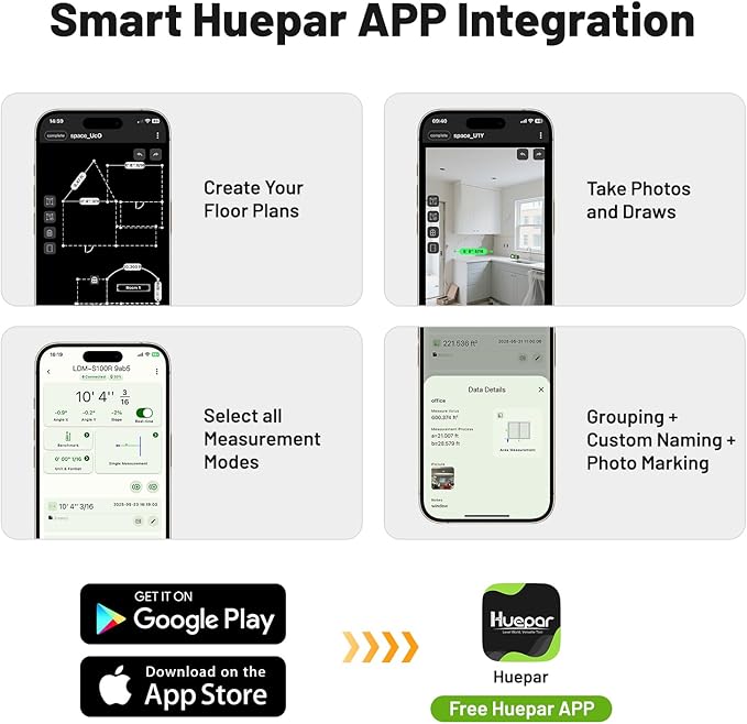 Huepar Laser Distance Measure 330Ft. Digital Rechargeable Laser Measuring Tool with Bluetooth -Phone APP, 1/16in Accuracy, Angle Sensor, M/in/Ft Unit, Pythagorean Mode, Measure Distance, Area, Volume
