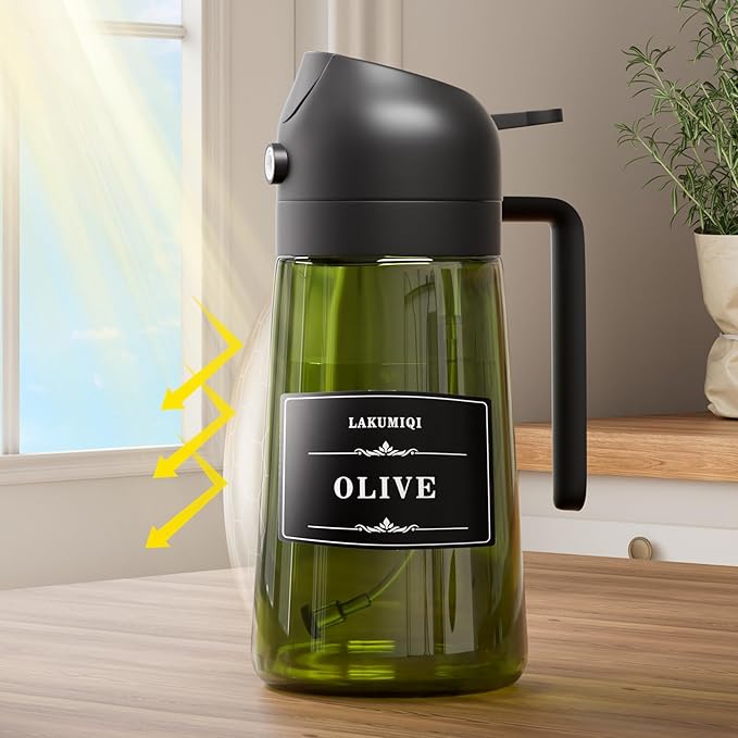 LAKUMIQI 2 in 1 Oil Sprayer for Cooking, 16oz Olive Oil Dispenser Bottle for Kitchen, Food Grade Light-Blocking Leak Proof Glass Spray Bottle for Salad, Air Fryer, BBQ
