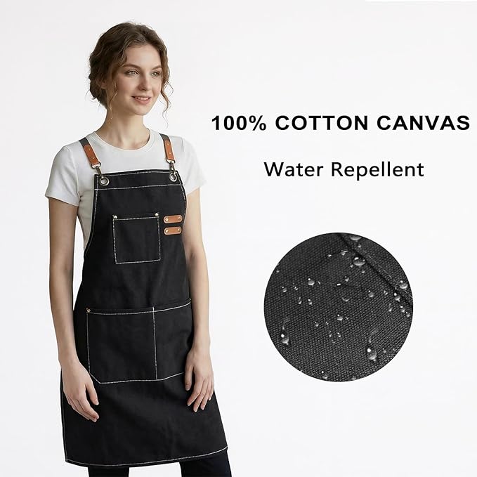ZOMAO Chef Apron for Women Men with Large Pockets, Cotton Canvas Cross Back Waterproof Work Aprons for Kitchen Cooking Bib