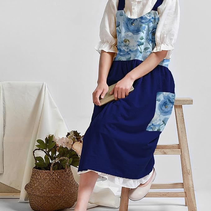 Uaussi Cotton Linen Apron Cross Back Work Apron for Women with Pockets Pinafore Dress X Cross Halter Apron for Chef Gardening