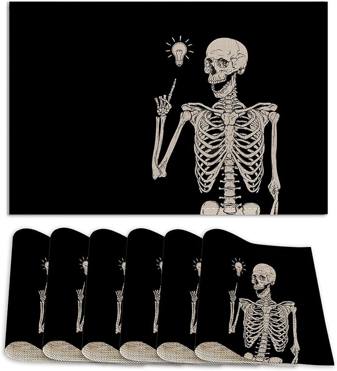 Funny Skull Skeleton Placemats Set of 6 Linen Washable, Heat-Resistant 12x18 Inch Table Place Mats for Kitchen Dining for Home Party Holidays
