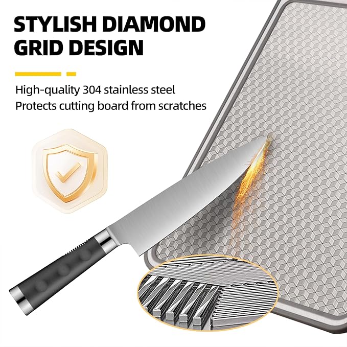 2 In 1 Cutting Boards Non Toxic for Gourmet Kitchen Aficionados - 304 Stainless Steel and Food Grade Wheat Straw Double Sided Design - Scratch-Resistant Mesh - Easy-Clean With Juice Groove (15”×10”)