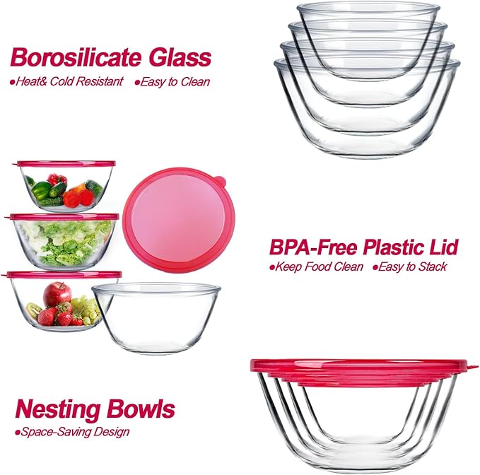 KOMUEE 4 Pack Glass Mixing Bowls Set with Lids (4.8QT, 2.9QT, 1.7QT, 0.8QT), Glass Nesting Bowls for Kitchen Baking, Cooking and Serving, Oven, Dishwasher, Freezer, and Microwave Safe