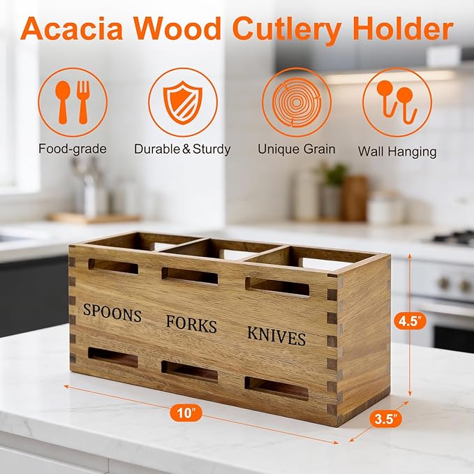 Farmhouse Wooden Silverware Caddy Party Flatware Cutlery Holder Acacia Wood Utensils Holders for Kitchen Counter Cutlery Silverware Organizer Table Spoon and Fork Holder Flatware Utensil Caddy