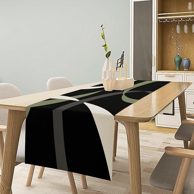 Abstract Geometric Table Runner Sage Green Grey and White Striped Black Background Modern Kitchen Dinner Runner for Indoor Home Living Room Party Dining Table Decoration 13"x72"
