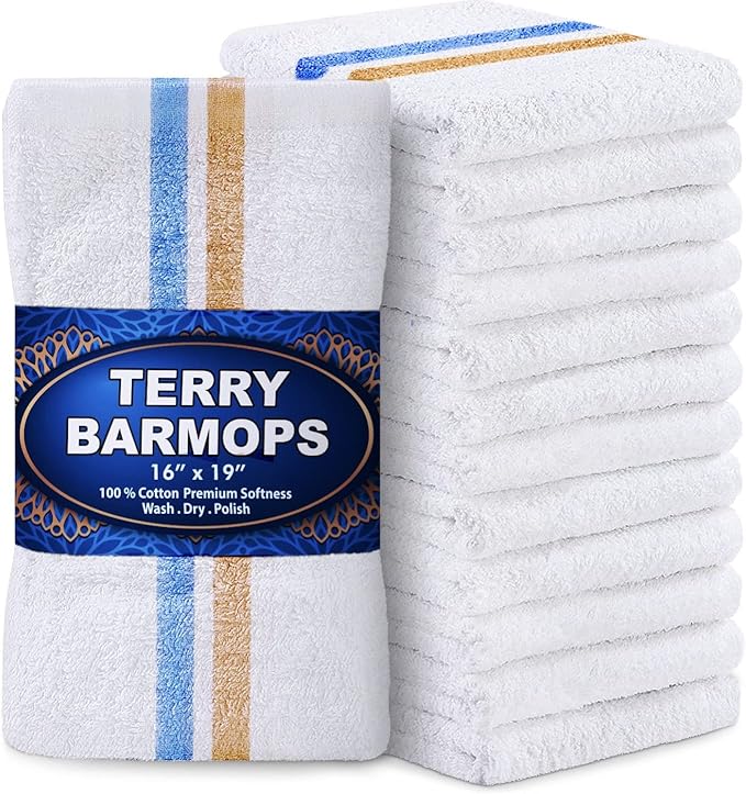 GREEN LIFESTYLE Terry Bar Mops 16" x 19" 12 Pack - 28 oz Cotton Bar Towels, Absorbent Kitchen Towels, Cleaning Rags for Restaurant, Food Service, Bar and Home Use (White with Blue & Orange Stripe)