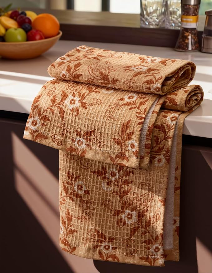 Miss Adola Cotton Waffle Kitchen Towels – Cute 370 GSM 16x25 Inch Terry Cloth Waffle Decorative Dishcloth for Kitchen Set of 2 with Hanging Loop Absorbent Hand Tea Towel for Home Design, Rustic Flower