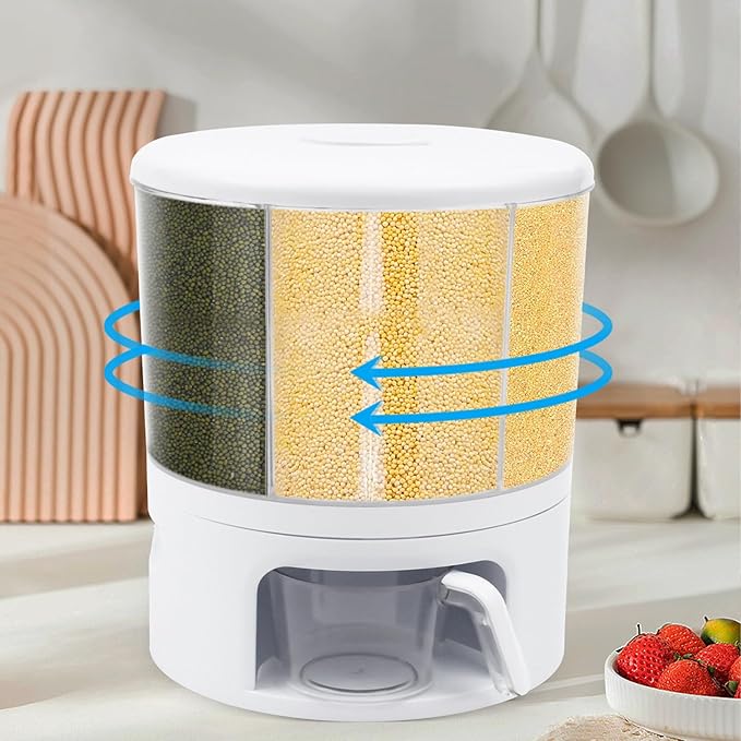 6 Grids Grain Dispenser Can, 360°Rotating Cereal Rice & Grain Storage Container Rotatable Sealed Grain Food Storage Bucket Dry Food Grain Dispenser for Grains Rice Dry Food Beans (24Lbs White)