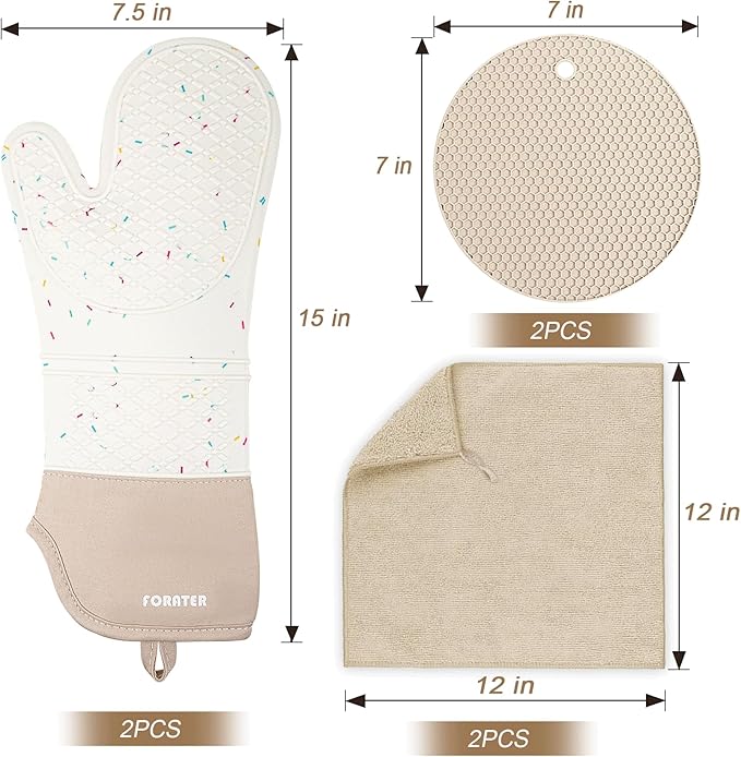 Extra Long Oven Mitts and Potholders 6Pcs Set, 500°F Heat Resistant Kitchen Oven Gloves 15'' Oven Mitts with Non-Slip Silicone Surface Soft Cotton Lining for Cooking, Baking and Grilling - Milky White