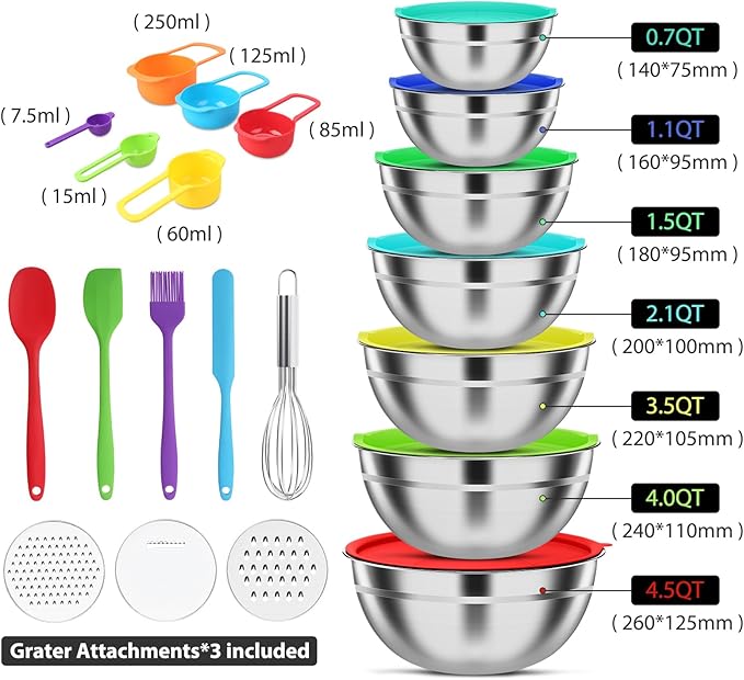 ENVTEK Mixing Bowls with Lids Set, 7 PCS Stainless Steel Mixing Bowls with 3 Grater Attachments, Size 4.5, 4, 3.5, 2.1, 1.5, 1.1, 0.7QT, Ideal for Kitchen Cooking Baking & Serving