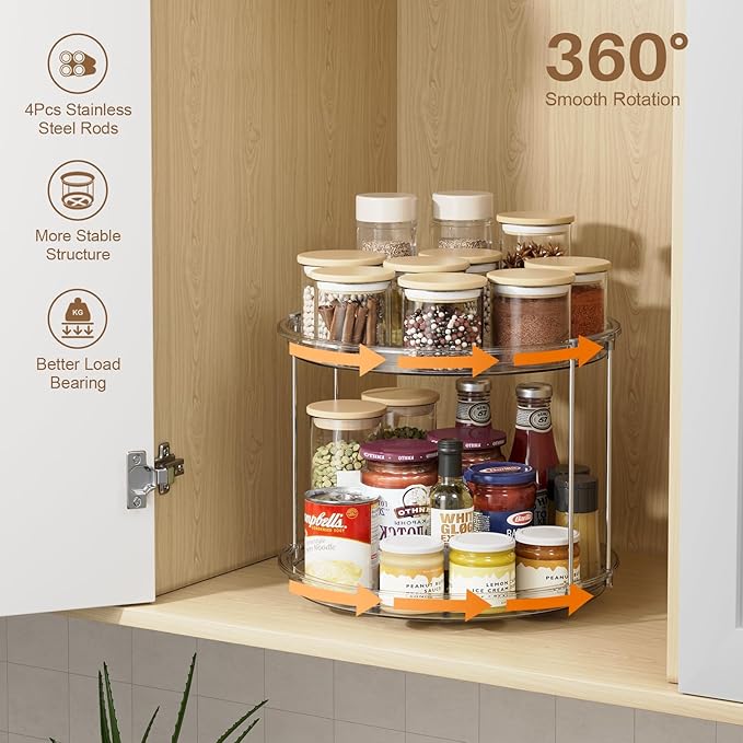LAMU 2 Tier Lazy Susan Organizer 12 inch Large Lazy Susan Turntable Rotating Spice Rack Organization for Cabinet, Kitchen, Pantry, Countertop, Bathroom, Vanity, Medicine Cabinet Organizer, Grey