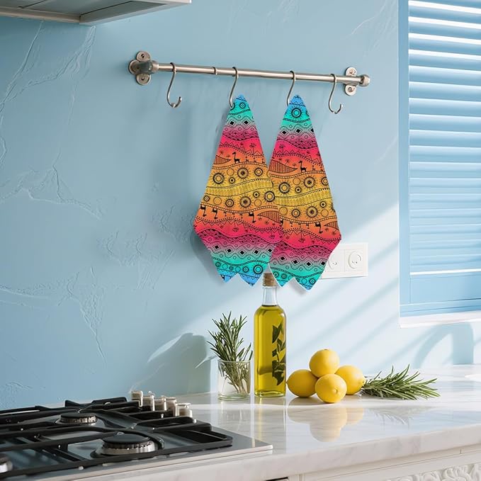 2 Pcs Colorful Boho Kitchen Towels, Soft Absorbent Tea Hand Towel, Microfiber Dish Cloths for Drying Dishes, Waffle Dish Towels for Kitchen Bathroom Home Decor, Housewarming Gifts for Women Mom
