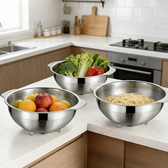 Colanders & Food Strainers,304 Stainless Steel Colander,3 Pcs Kitchen Strainers(2.5QT, 3.5QT, 5QT) for Pasta, Rice, Vegetables,Dishwasher Safe Metal Colander with Handles,Kitchen Gift