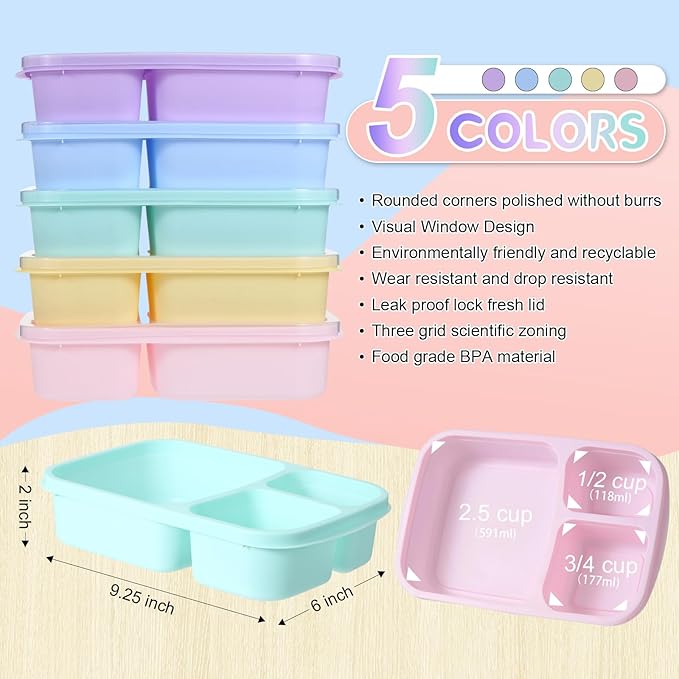 Honeydak 5 Pack Snack Containers 3 Compartment Bento Snack Boxes Divided Meal Prep Containers with Lids Reusable Adults Lunch Food Storage Box for School Work Travel(Ice Cream Color)